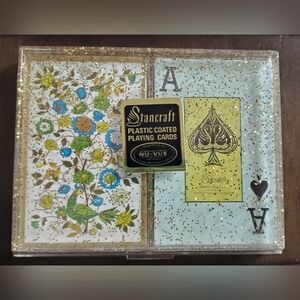Stancraft Plastic Coated 2-Deck Playing Cards w/ Birds/Flowers & Glitter Case